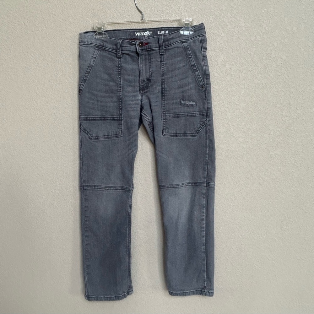 Wrangler Boys’ Slim Fit Gray Distressed Utility Carpenter Jeans Size 12 Husky